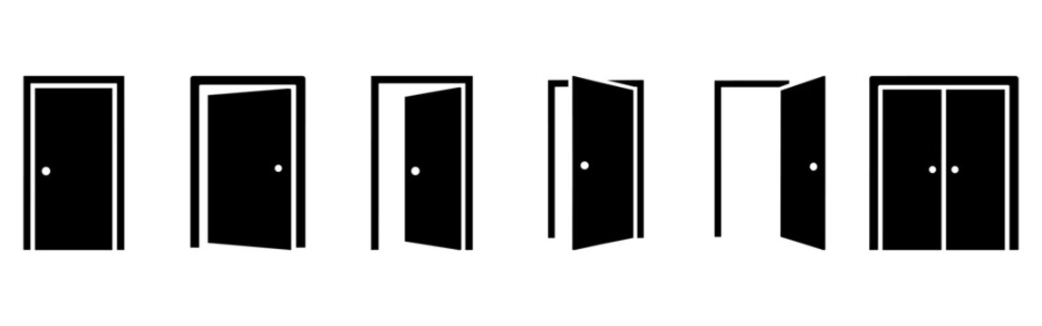 Set of door icons, various open and closed door symbols, vector illustration editable stroke