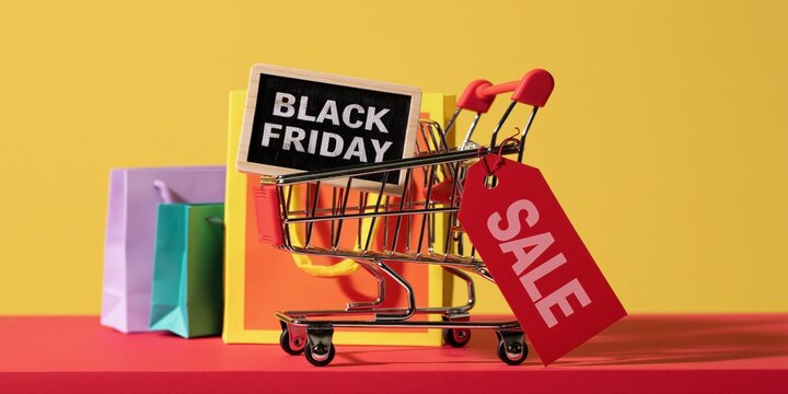 Black Friday Sale Shopping Cart with Colorful Retail Bags