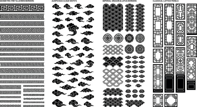 Collection of traditional chinese patterns including geometric fret borders, auspicious cloud motifs, imperial dragon scales, and lattice panels
