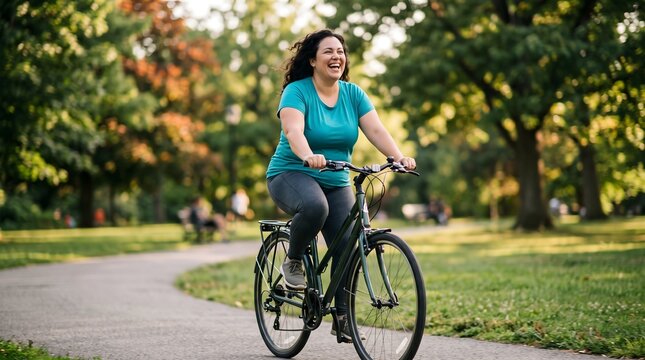 Happy woman riding a bicycle on a paved path through a sunny green park with woman cycling bicycle ride riding bike cycling outdoors