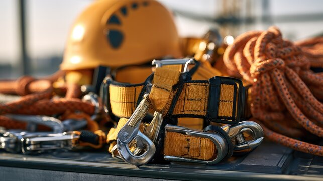 Full-body fall protection harness with safety belt, hooks and lifeline equipment arranged on a construction platform, working at height, occupational safety, fall prevention, Generative Ai