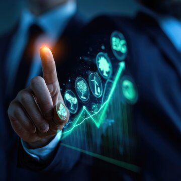 Businessman interacting with digital interface of green business growth symbols