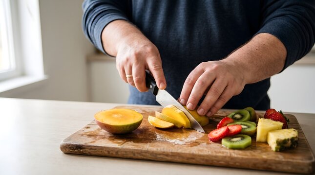 Close up of person hands cutting fresh exotic tropical fruit on a wooden cutting board in the kitchen with food preparation