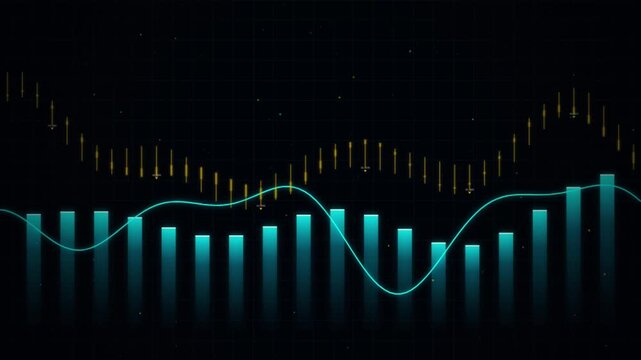 Financial market data analysis: animated stock trading chart with fluctuating bar graphs and trends