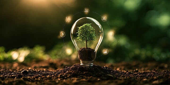 A vibrant tree sprouts from a light bulb, symbolizing new ideas and growth