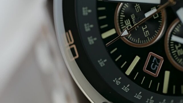 Macro close-up view of a luxury chronograph wristwatch with the second hand ticking elegantly
