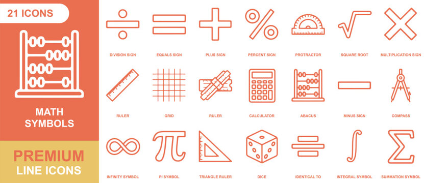 Math symbols icon sheet with 21 linear including abacus, calculator, geometry tools, and mathematical operators in orange outline style
