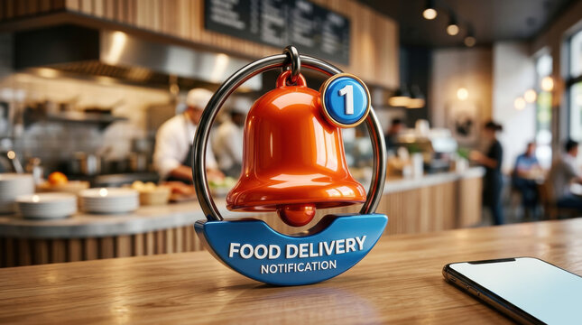 Food delivery notification bell with number one, placed on a wooden counter in a restaurant setting with blurred background.