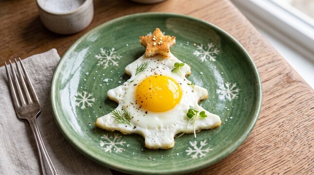Fried egg shaped as christmas tree with toast star on green snowflake plate. Creative festive winter breakfast and holiday food art concept for seasonal menu design