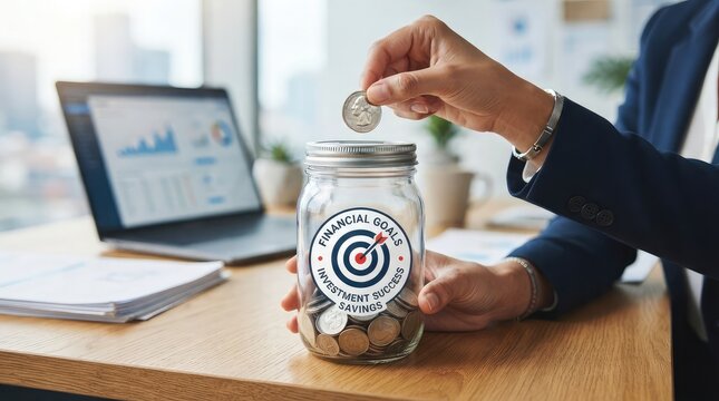 Business person putting a coin into a glass jar labeled with a target icon for financial savings goals