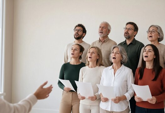Choir rehearsal the moment every head lifts to the conductor at the same second, singing together in a community choir with copy space