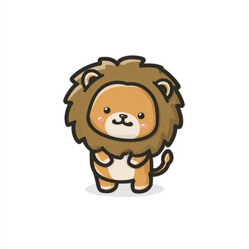 A cute cartoon baby lion sitting with a happy smile and tilted head, featuring simple lines, flat illustration style, bold outlines, isolated white background.
