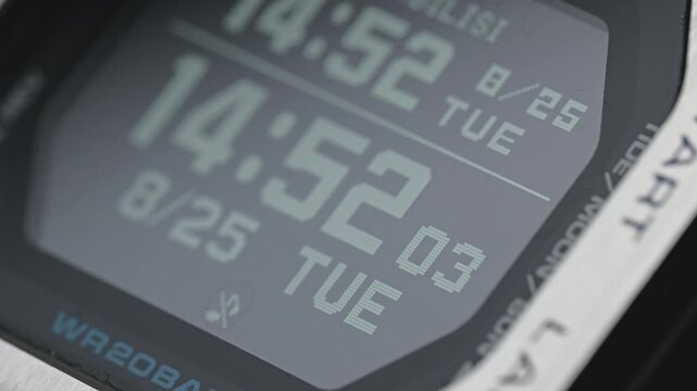 Extreme close-up of a modern digital wristwatch display showing the seconds counting up