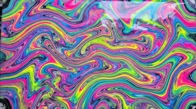 Abstract digital art background with vibrant neon colors and swirling liquid wave patterns in a psychedelic style