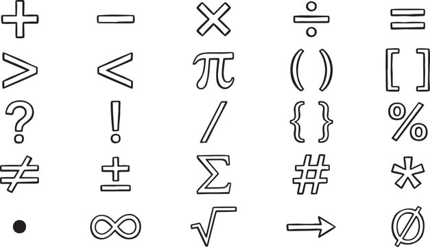 Doodle set of math symbols, hand drawn vector icons, black outline illustration for education and science concept.