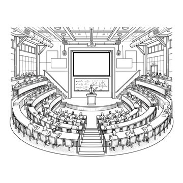 University lecture hall with tiered seats for education websites, academic facility blogs, campus architecture posters, and training center designs