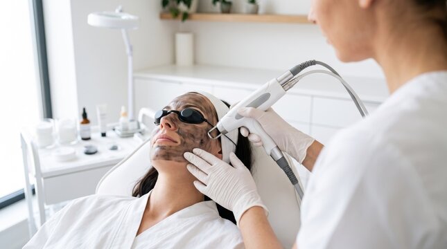 Woman receiving carbon laser facial peeling with protective eyewear. Cosmetologist performing professional skin rejuvenation procedure in modern beauty clinic. Cosmetology and skincare concept