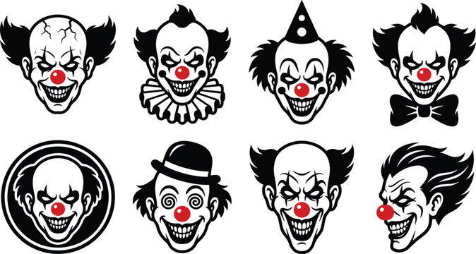 Set of eight scary clown faces with red noses and sinister expressions in black and white style