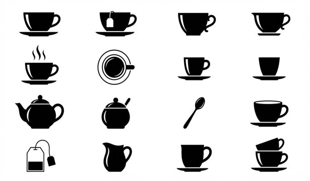 Tea Cup with Saucer Tea Bag and Teapot Minimal Vector Icon Set