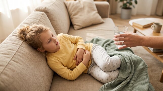 Sick little girl lying on sofa holding stomach with abdominal pain. Mother hand giving glass of water for help. Childhood stomach ache, digestive disorder and nausea illness care concept at home