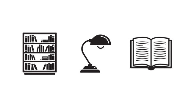 Minimalist black and white library book shelf desk lamp and open textbook education icons set