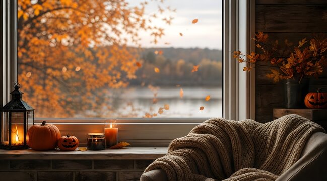 cozy autumn window overlooking a lake with halloween candle decoration