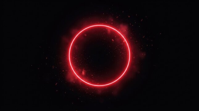 Abstract glowing red neon circle frame with particles on a dark black background for digital design