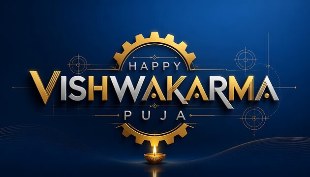 Happy vishwakarma puja typography in golden text with a gear wheel and lit oil lamp on a dark blue textured background vishwakarma festival