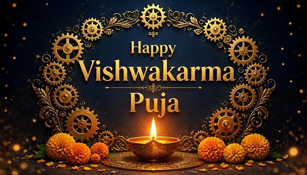 Happy vishwakarma puja greeting framed by golden mechanical gears marigold flowers a lit oil lamp on dark background vishwakarma festival