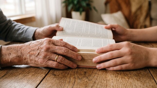 Manos intergeneracionales compartiendo lectura de libro espiritual