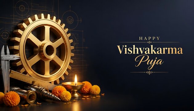 Happy vishwakarma puja banner design featuring a golden gear caliper and lit oil lamp with marigold flowers on dark blue background