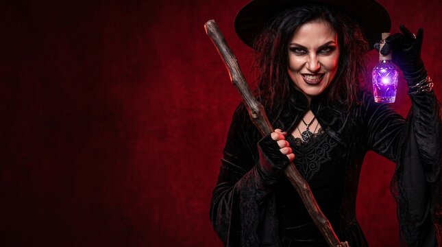 Woman witch holding wooden staff and glowing purple potion bottle smiling evilly on dark red background. Halloween costume and magic sorcery concept.