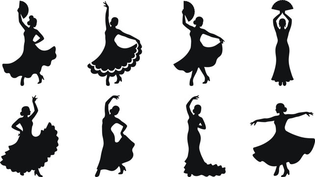 Collection of eight black silhouettes of female flamenco dancers in various poses with fans and long dresses, isolated on a white background