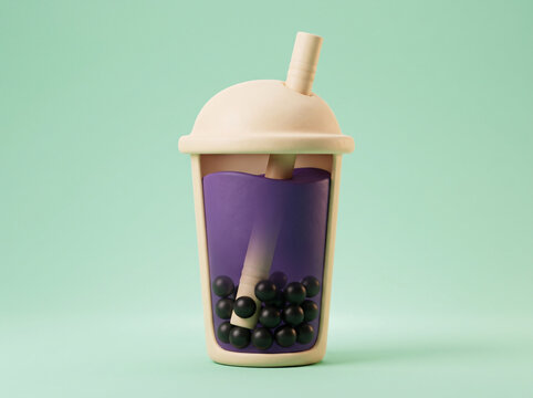 A 3D rendered illustration of a purple bubble tea cup on a light green background.