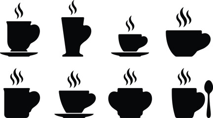 Obraz premium Hot coffee cups and steaming tea mug silhouettes solid glyph icons vector illustration set isolated on white background