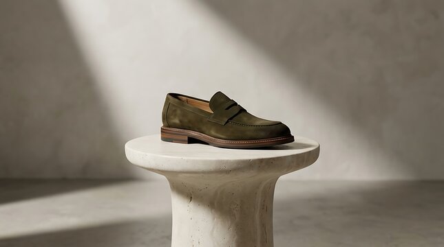 Olive green suede loafer shoe on a stone pedestal for luxury fashion retail display.