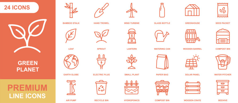 Set of 24 orange line icons featuring environmental, gardening, and sustainability symbols on a white background, with a sidebar