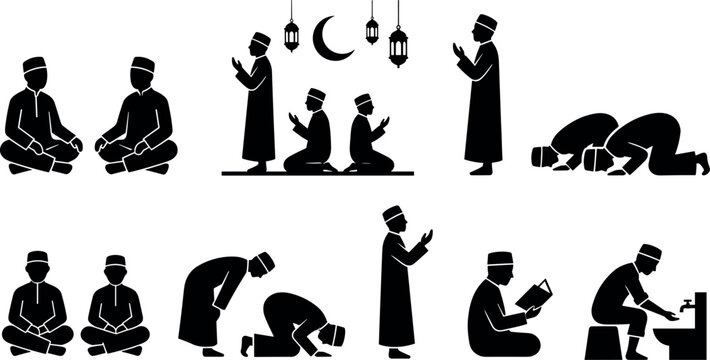 Black silhouettes of Muslim men praying, reading Quran, and performing ablution during Ramadan