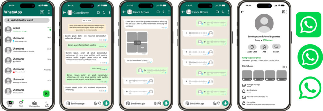 WhatsApp chat interface showing conversation screens, audio messages, group details, and variations of the brand's green logo icon