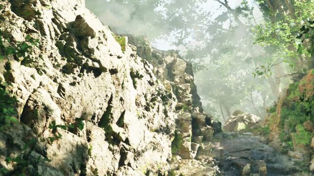 In a forest, sunlight shines through trees and creates mist near rocky terrain. The ground is uneven with rocks and greenery. The scene shows the beauty of nature during the morning.