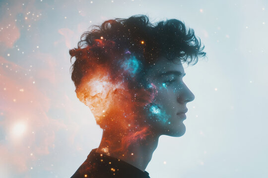 A stunning double-exposure artwork melds a man's silhouette with a cosmic galaxy. Glowing nebulae and twinkling stars create a dreamlike vision of the universe within his mind.