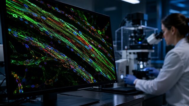 Advanced fluorescence microscopy revealing detailed cellular structures in biomedical research