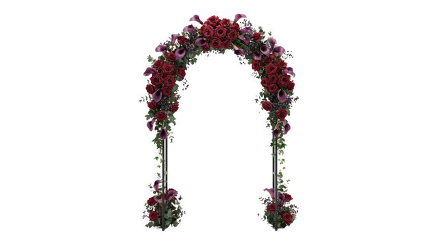 Wedding arch decorated with deep red roses and purple calla lilies on a metal frame structure isolated on a transparent background