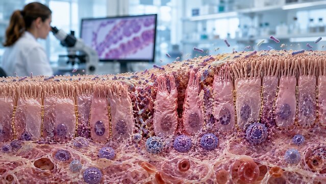Detailed intestinal mucosa histology showing epithelial cells and glandular structures