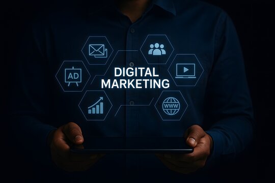 Person holding a digital tablet featuring glowing digital marketing text and promotional network icons