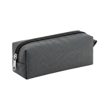 Minimalist charcoal grey pencil case, durable fabric stationery pouch with zipper, sleek office accessory organizer isolated PNG with Transparent Background