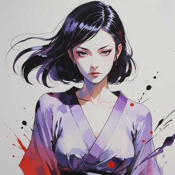 淡い紫の和装女性とダイナミックな墨絵