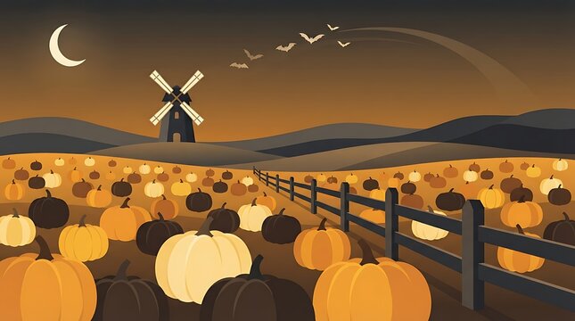 A scenic pumpkin patch at night with a windmill under a crescent moon and flying bats