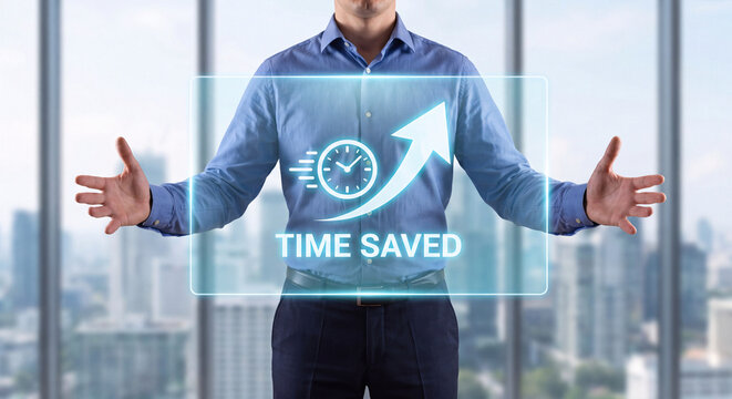 man presents translucent panel with shrinking clock icon rising arrow and time saved label