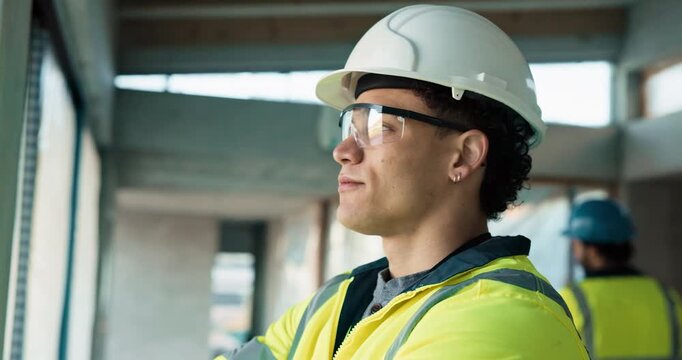 Planning, team and construction worker on site with ideas, reflection or choice for building repairs. Goggles, man and civil engineer with decision on maintenance, project or property development.